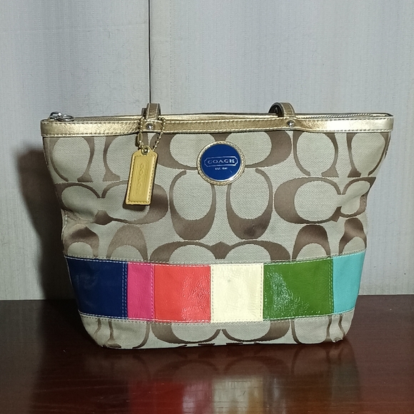 Coach Handbags - Coach Signature Stripe Leather Tote